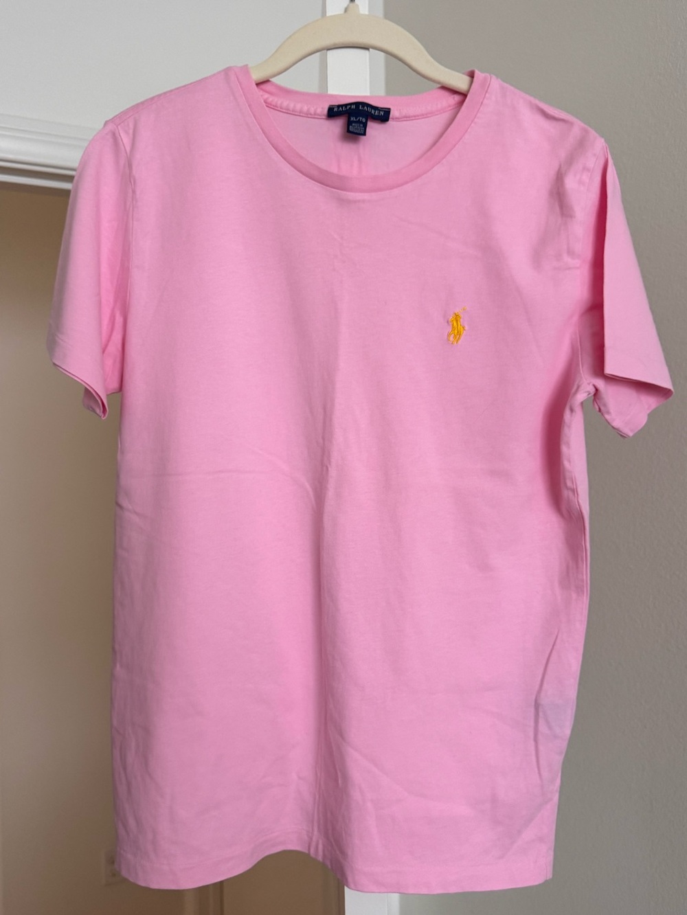 Ralph Lauren Pink Tee with Yellow Pony Logo Size L/XL